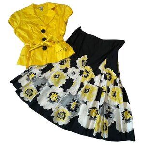 Amanda Lane 2-Piece Set: Yellow Short-Sleeve Blouse & Black Floral Skirt Size 4